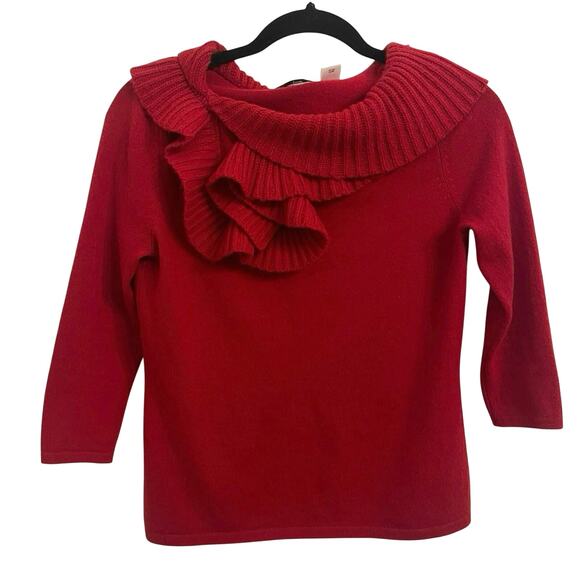 Saks Fifth Avenue 100% Cashmere Sweater S Red Holiday Christmas Ruffle Collar - Picture 1 of 12